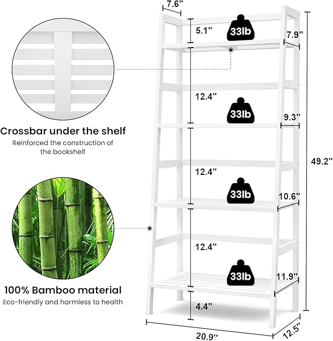 Homykic Bamboo White Bookshelf 4-Tier Ladder Shelf, 49.2” Freestanding Open Bookcase Book Shelf Bathroom Storage Shelf Unit Plant Stand for Small Space, Bedroom, Living Room, Home Office