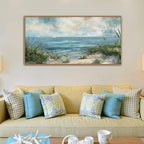Sea Beach Framed Canvas Wall Art Vintage Seascape Canvas Prints Wall Decor Ocean Sailboat Seagull Canvas Pictures Beach Bird Reed Canvas Painting Artwork Living Room Bedroom Decoration 29" X 58"