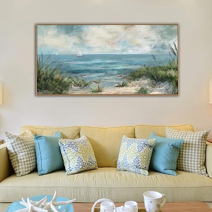 Sea Beach Framed Canvas Wall Art Vintage Seascape Canvas Prints Wall Decor Ocean Sailboat Seagull Canvas Pictures Beach Bird Reed Canvas Painting Artwork Living Room Bedroom Decoration 29" X 58"