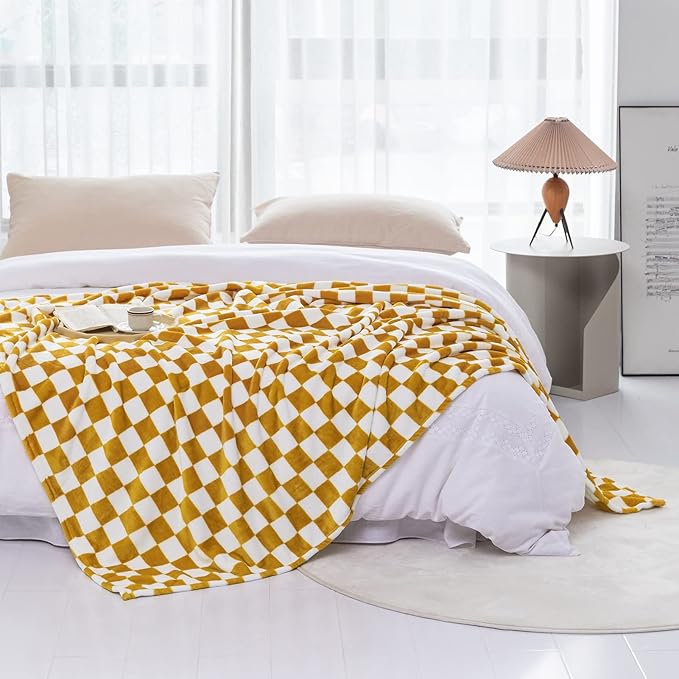 LOMAO Throw Blankets Flannel Blanket with Checkerboard Grid Pattern Soft Throw Blanket for Couch, Bed, Sofa Luxurious Warm and Cozy for All Seasons (Yellow, 60"x80")