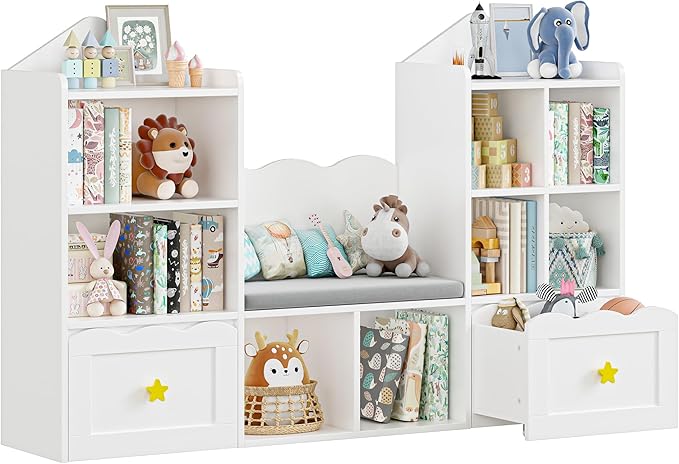 Kids Bookshelf with Reading Nook, Kids Bookcase with Soft Cushion Seat, 2 Wheels Drawers and 8 Storage Cubbies, Toy Storage Organizer for Kid's Room Playroom, Bedroom, School, White