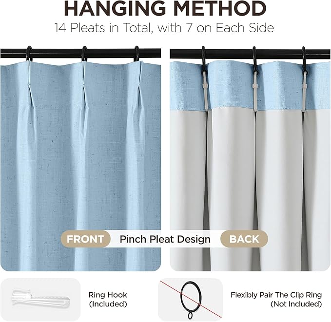 Joydeco Pinch Pleated Linen Curtains for Living Room, 100% Blackout Darkening Curtains 72 inches Length 2 Panel Thermal Insulated Pinch Pleat Drapes(Chambray Blue,40'' Wx72'' L)