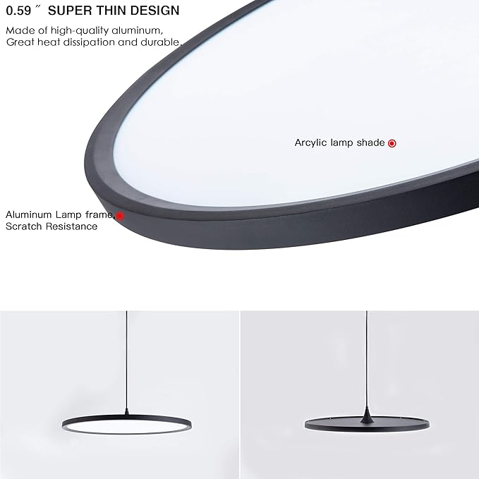 MADEM Modern LED Pendant Light 23.6'' Disc Chandelier Hanging Lighting Fixture with Acrylic Shape Dimmable Office Chandelier 6000K for Office Room Football Bedroom Decor Kitchen Island, Black