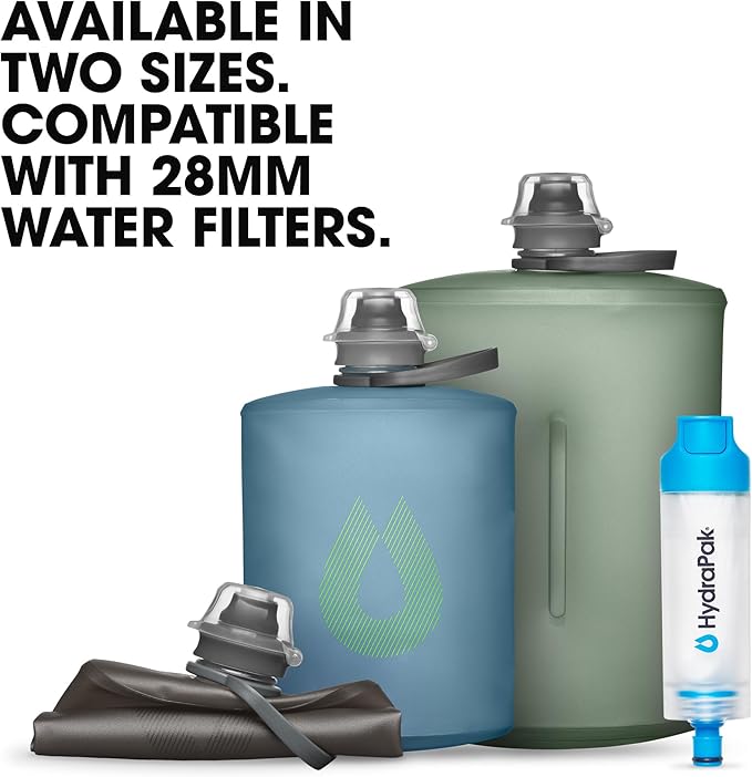HydraPak Stow - Collapsible Backpacking Water Bottle (350ml, 500ml, 1L) - BPA Free, Ultra Light, Spill-Proof Twist Cap