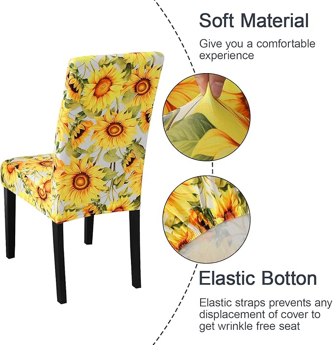 JQinHome Pattern Chair Covers for Dining Room Set of 6, High Stretch Removable Washable Parsons Chair Slipcover for Home Party Hotel Wedding Ceremony (Sunflower,6PCS)