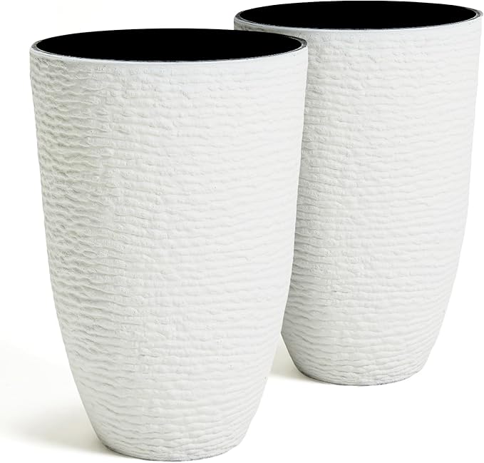 Worth Garden 2-Pack 21" H. White Tall Planters - 14'' Dia Resin Large Round Flower Pots for Outdoor Plants Trees - Imitation Stone Finish Plastic Indoor Front Porch 9 Gallon Decorative Container Patio
