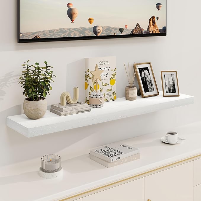 White Floating Shelves 48 Inch Long, 8 Deep Floating Shelves for Wall, Rustic 48" Long Fireplace Mantel, Large 48 x 8 Wall Shelves for Bedroom, Living Room, Bathroom, White Deep Shelves Set of 1
