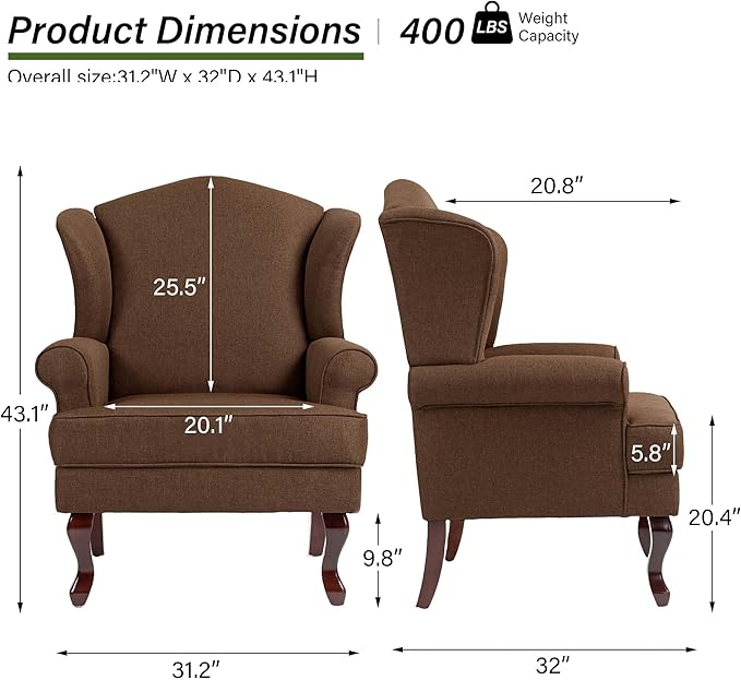 Accent Chair, High Back Upholstered Armchair with High Resilience Sponge & Wood Legs, Mid-Century Modern Comfy Single Sofa Reading Chairs for Living Room, Bedroom (Brown, Set of 2)