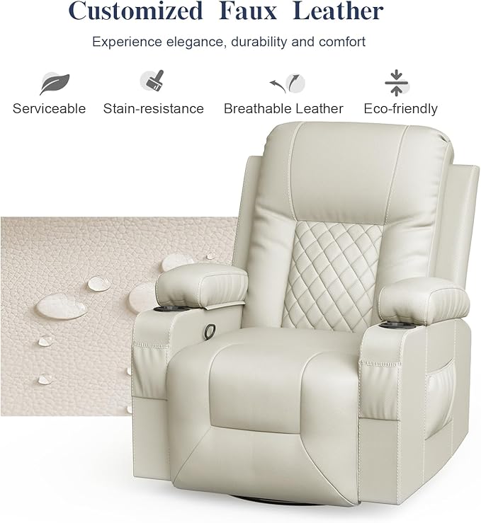 Recliner Chairs for Adults, Massage Rocker with Heated Modern Ergonomic Lounge 360 Degree Swivel Single Sofa Seat Living Room Lounge Recliners Ivory White