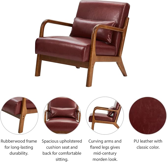 Glitzhome 2 Set Mid Century Red Accent Armchair, Single Reading Armchair PU Leather Lounge Chair with Walnut Ruberwood Frame