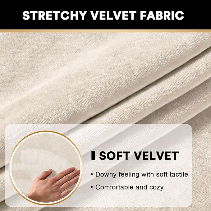 PrinceDeco Stretch Velvet Couch Cushion Cover,Soft Fitted Cushion Slipcover for Chair Cushion Furniture Protector Seat Cushion Sofa Cover Width Up to 29.5", Ivory