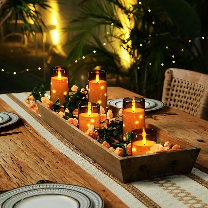 Homemory 9 Pcs Flameless Candles with Embedded Star String Fairy Lights, Battery Operated Candles, LED Fake Candles with Remote Control and Timer, Gray Acrylic