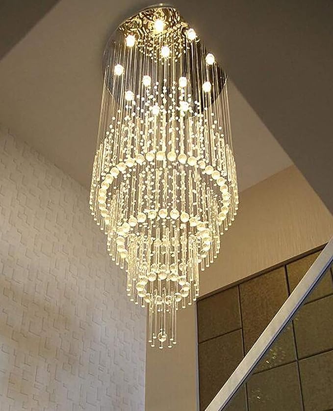 D32''X H100'' Large Crystal Chandelier Lighting, Modern LED Round Raindrop Flush Mount Ceiling Light Fixture for Hotel Staircase Hallway Modern Crystal Chandelier Suitable for Sloping Ceiling