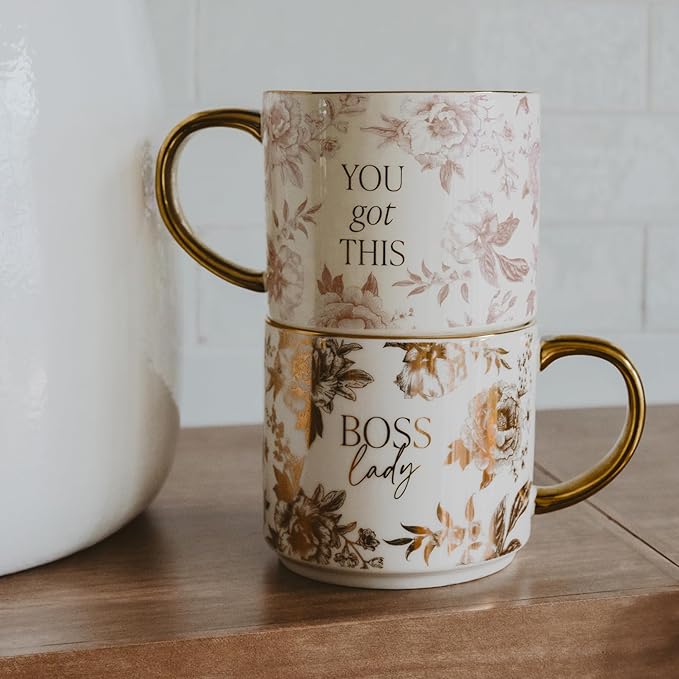 Sweet Water Decor Boss Lady Mug, 17 oz Cute Coffee Mug with Gold Handle for Women Bosses, Large Cup for Tea, Espresso & Hot Cocoa, Birthday Gift Idea for Coworkers, Friend, Mom, & Wife