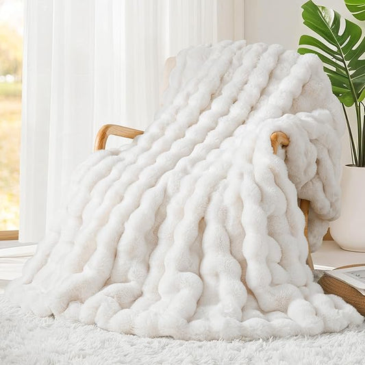 Touchat Luxury 1000GSM Rabbit Faux Fur Blanket, Super Heavy Warm Cozy Brown Blankets for Couch Bed Sofa, Ruched Plush Fuzzy Elegant Soft Reversible Mink Blanket for Living Room Bedroom, 90" x 90"