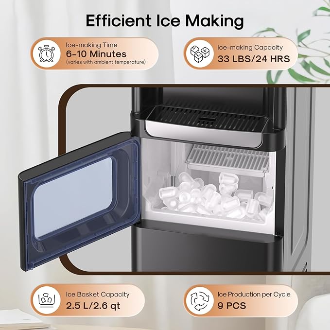 ICEPURE 3-in-1 Water Dispenser with Ice Maker, Water Cooler Dispenser for 5 Gallon Bottle Built-in Bullet Ice Maker Top Loading, Hot and Cold Water Dispenser for Home/Office, 33lbs/24H, Child Lock