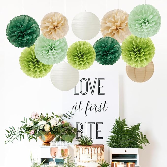 Sage Green-Boho Party-Decorations Paper Flowers Lanterns - 15PCS Birthday Gender Neutral Baby Shower Tissue Pom Poms Streamers, Champagne Gold Rustic Wedding Graduation Hanging Supplies Decor Hugfond