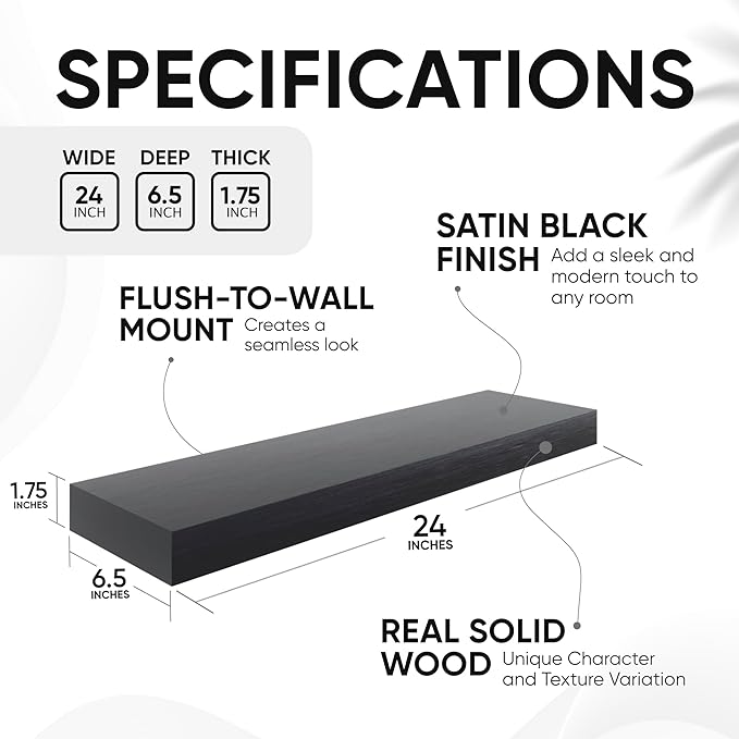 Homeforia Black Floating Shelves 24 inch, High End Solid Real Wood 24inch Bathroom Floating Shelf for Wall Mounted, Black Wooden 24in Floating Shelves, Heavy Duty Bracket, 24 X 6.5 X 1.75 in, Set of 4