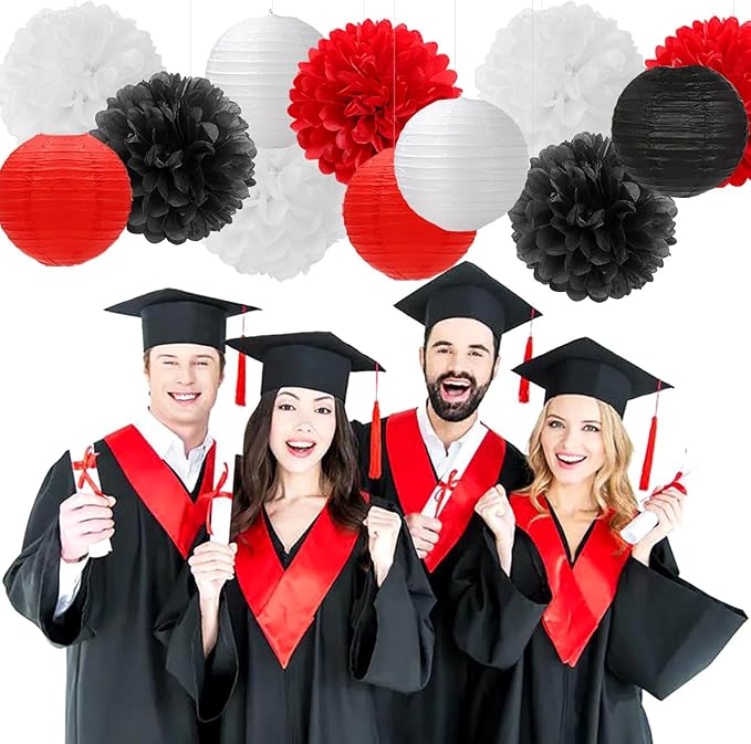 Red-Black White Party-Decorations Paper Flowers Lanterns - 15PCS Halloween Birthday Tissue Pom Poms Streamers,Wedding Baby Bridal Shower Hanging Supplies Decor Hugfond