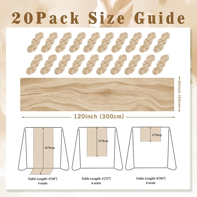 Sand 20 Pack 10FT Cheesecloth Table Runner 20 x 120 Inch Long Rustic Gauze Cheese Cloth Table Runner for Wedding Bridal Baby Shower Table Decorations Boho Fabric Sheer Birthday Party Table Decor