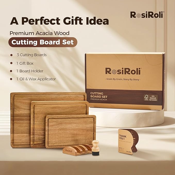 Acacia Wood Cutting Board for Kitchen, 3 Set with Holder - FSC Certified Large Wood Charcuterie Cheese Board with Handles and Juice Grooves, Wooden Chopping Block, Ideal Gift Set of 3 (S/M/L)