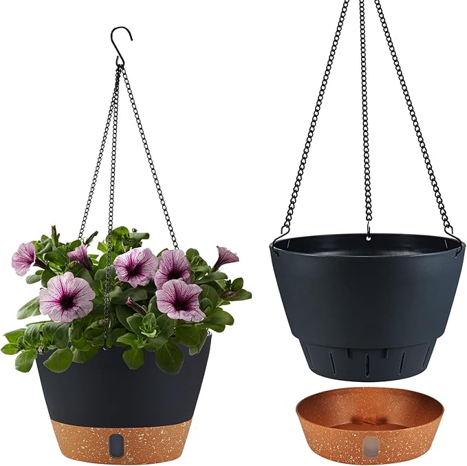 2 Pack Hanging Planters for Indoor Outdoor Plants, 10 Inch Hanging Flower Pot Basket with Drainage Hole with Removable Tray&Hooks Self Watering Plant Pot for Hanging Plants, Dark Grey