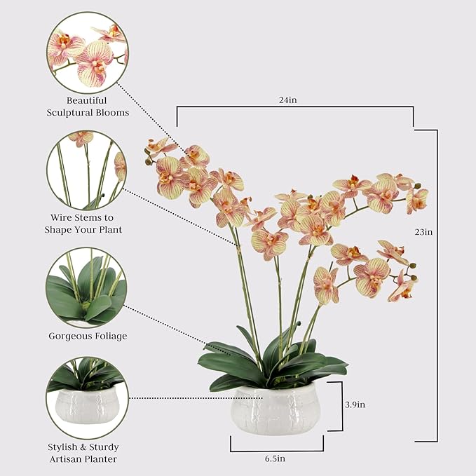Faux Orange Orchid Plant, Premium Artificial Indoor Flower Display Stands 23”, Beautiful Sculptural Blooms That Lasts Forever, White Planter Pot Included