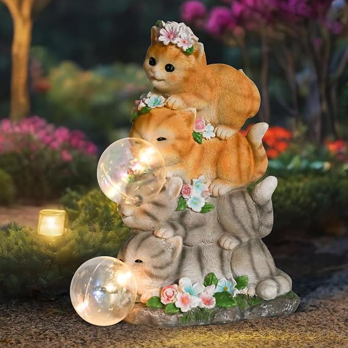 Solar Cat Garden Statue Resin Cat Statue Decor Outdoor with LED Lights for Outside Yard Art Lawn Ornaments Patio, Cat Lovers Gifts