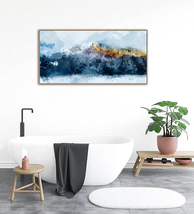 Framed Canvas Wall Art Indigo Abstract Mountain Pictures Wall Decor Blue Grey Orange Mountain Peaks Canvas Painting Prints Modern Abstract Artwork for Living Room Bedroom Decoration 24" x 48"