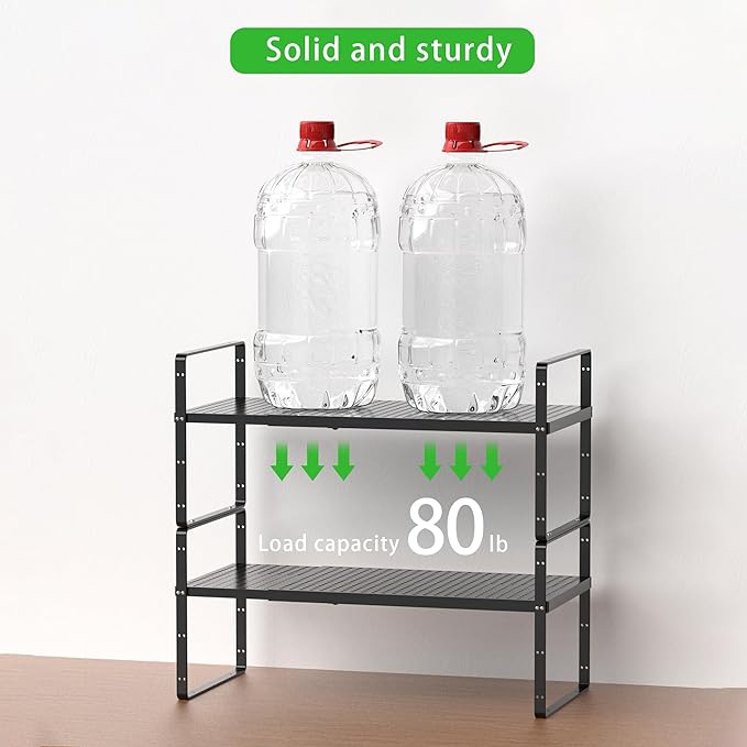 Expandable Cabinet Storage Shelf Stackable Organizer Rack for Kitchen Bathroom Pantry Spice Cupboard Coffee Countertop Home Office Desk Heavy Duty Nonslip Black Small 3 Packs
