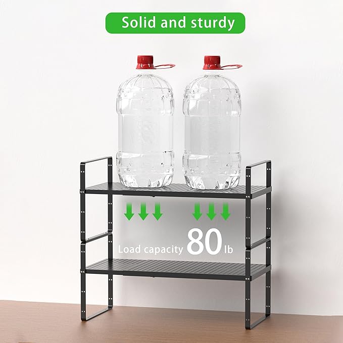 Expandable Cabinet Storage Shelf Stackable Organizer Rack for Kitchen Bathroom Pantry Spice Cupboard Coffee Countertop Home Office Desk Heavy Duty Nonslip Black Large 2 Packs