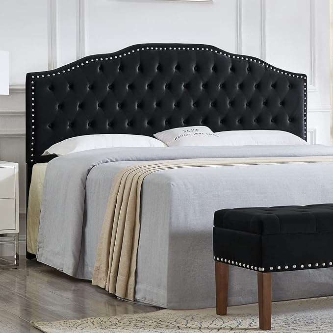 24KF Upholstered Button Tufted King Size Headboard with Nailhead Trim, Soft Velvet Fabric Headboard King/Cal King Size-Black