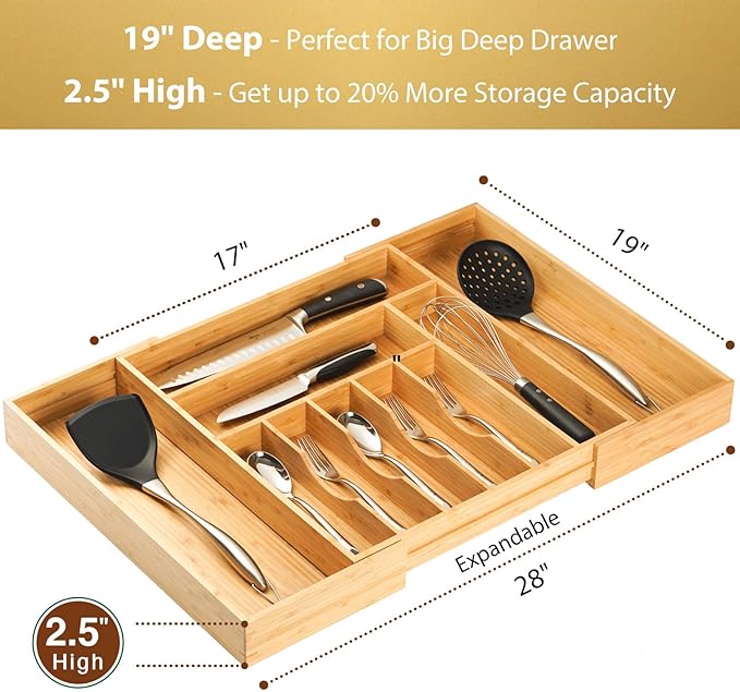 Umilife Extra Large Expandable Kitchen Siverware Utensils Drawer Organizer, 19" Deep for Big Drawer, Adjustable Bamboo Wood Drawer Divider with Curved Grooves, Cutlery Tray Flatware Holder