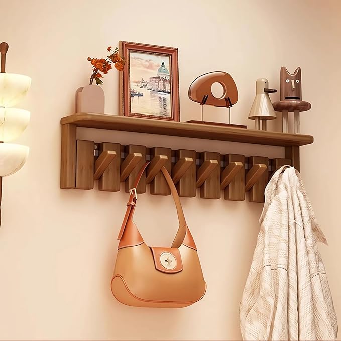 Wall Mounted Piano Key Hanger | Flip Style Hook | Entrance Wall Art Hook, Made of Oak Wood (3 Times Painted, 4 Times Polished) (Tray Walnut, 8Hooks)