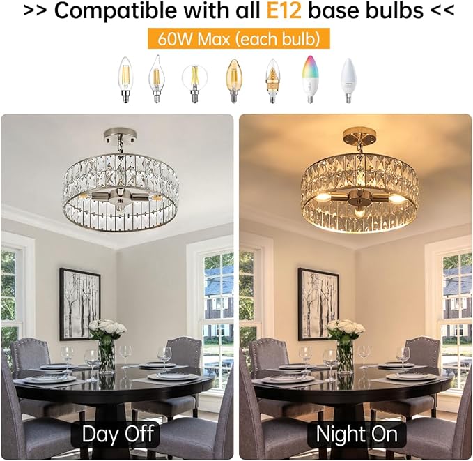 16” 4-Light Modern Crystal Chandeliers Nickel Dinning Room Light Fixture, Round Pendant Light Kitchen Island Chandelier, Flush Mount Ceiling Light for Living Room Entryway Bedroom Foyer