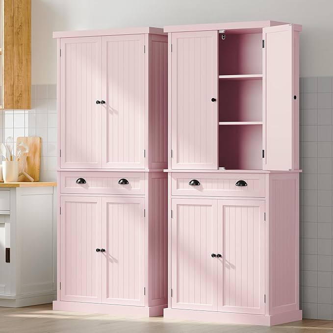 ARTPOWER 72" Tall Kitchen Pantry Storage Cabinet with Drawer and Adjustable Shelves, Pantry Cabinet for Kitchen, Bathroom or Hallway, Pink