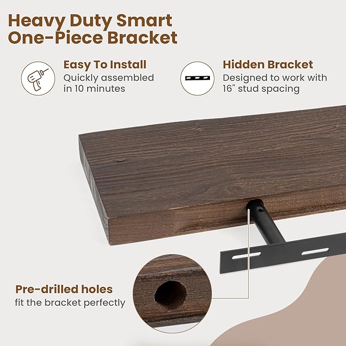 Floating Shelves for Wall Decor, Rustic Solid Elm Wood Floating Shelves Wall Mounted, Wall Shelves with Invisible Bracket for Living Room Bathroom Bedroom Kitchen, 72 Inch, Walnut