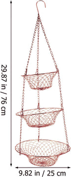 Yardwe 3 Tier Hanging Fruit Baskets Copper Wire Basket Fruit Vegetable Kitchen Storage Organizer Rustic Country Decor Round Metal Copper