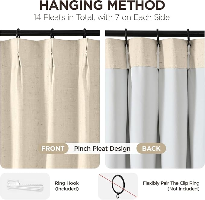 Joydeco Pinch Pleated Linen Curtains Darkening Drapes for Bedroom, 100% Blackout Drapes 96 inches Long 2 Panels Heat Blocking Curtains(Bleached Sand,40'' Wx96'' L)