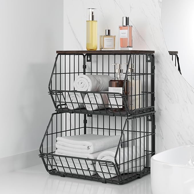 Wetheny 2 Tier Stackable Wall Mounted Wire Basket Fruit Basket with Wood Lid - Kitchen Pantry Organization and Storage, Hanging Storage Basket for fruits, Onion, Potato, Produce, Vegetable (Black)