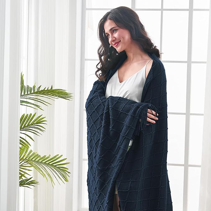 inhand Knitted Throw Blankets for Couch and Bed, Soft Cozy Knit Blanket with Tassel, Dark Blue Lightweight Decorative Blankets and Throws, Farmhouse Warm Woven Blanket for Men and Women, 50"x60"