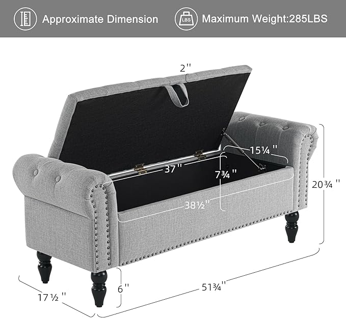 Furniliving 51.75" Storage Ottoman Bench for Living Room, Modern Bedroom Bench with Rolled Arm Upholstered End of Bed Bench Shoe Storage Bench Indoor Bench with Wood Legs Entryway Bench,Grey, Linen