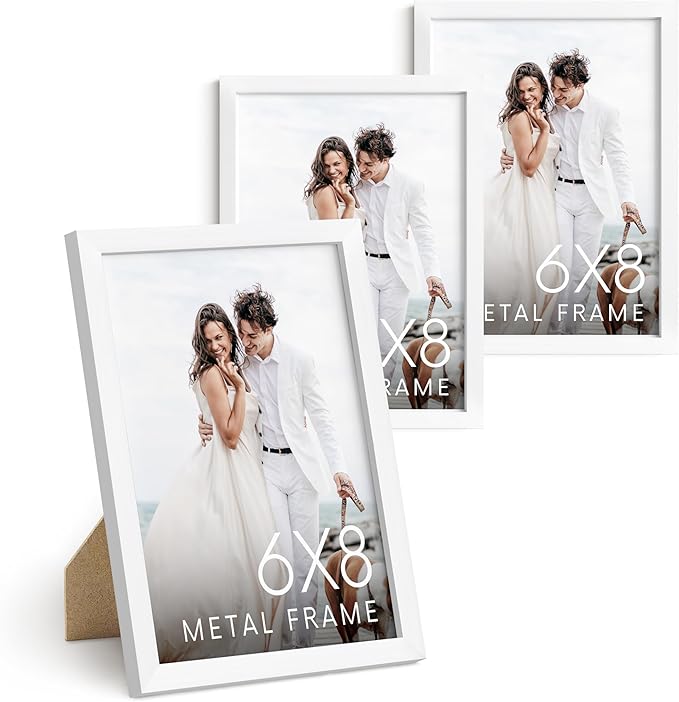 HAUS AND HUES 6x8 White Metal Picture Frames - Photo Frames 6x8 - Features Premium Aluminum, Vertical Hanging, Easel Back for Tabletop, Home, Office (6x8 in, White, Set of 3)