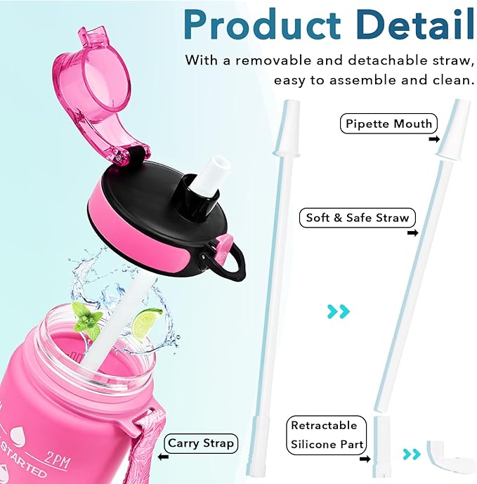 Enerbone Water Bottle, Leakproof BPA & Toxic Free, Motivational Water Bottle with Times to Drink and Straw, Fitness Sports Water Bottle with Strap for Office, Gym, Outdoor Sports