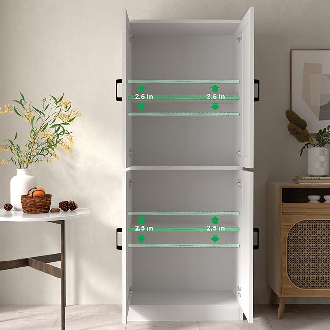 White Kitchen Pantry, 71" Tall Cabinet with Doors, Hutch with Storage for Dining Room