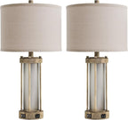 Farmhouse Table Lamps Set of 2 for Living Room, Vintage Bedroom Nightstand Lamp with Dual USB Ports, Bedside Lamp with Frosted Glass Nightlight for End Table Entryway, 4 Bulbs Included (Earthy Gray)