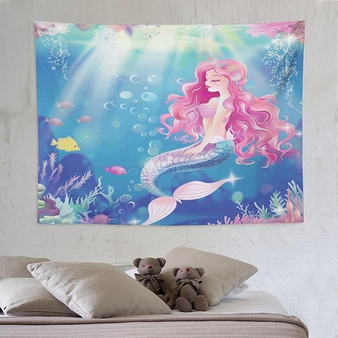 HZOHNAGO Mermaid Girls Tapestry Watercolor Mermaid Princess Pink Hair Pattern for Kids Room Decoration Printed Wall Tapestry Wall Hanging for Bedroom Living Room Dorm 80" W x 60" H