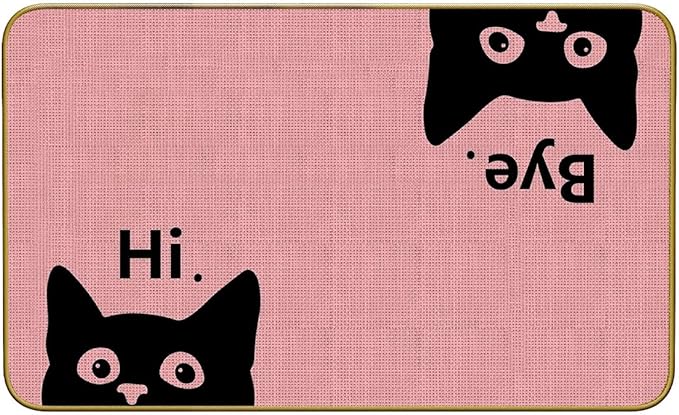 Mingnei Hi Bye Cat Welcome Doormat - Funny Black Cat Lover Floor Mat for Home Kitchen Entrance, 30x17 Pink