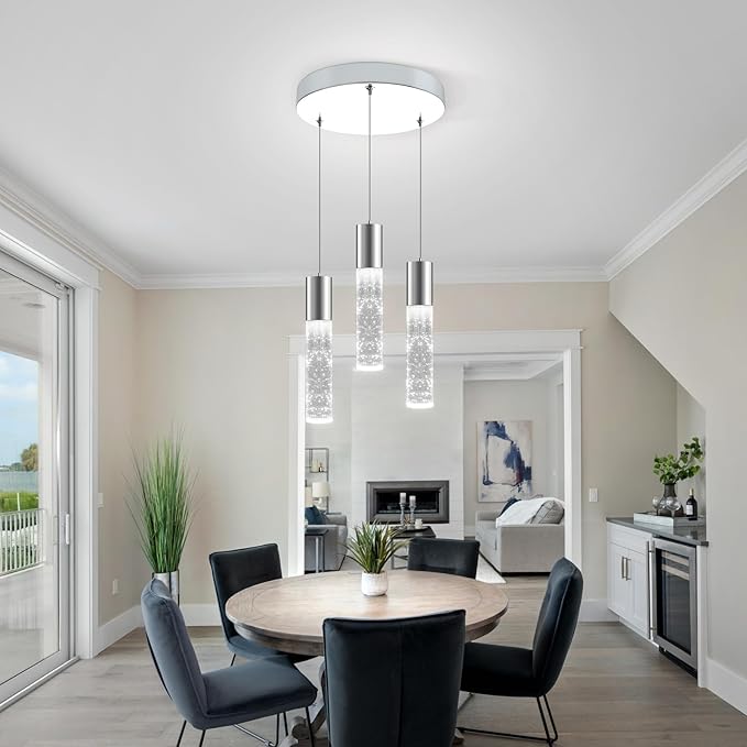 OKELI Dimmable LED 3-Light Pendant Light for Kitchen Island, 18W 1350LM Modern Bubble Crystal Island Light Fixture,6000K, Electro-Chrome, Easy Installation, Round