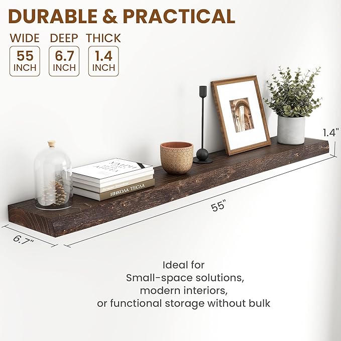55" Floating Shelves, Live Edge Elm Wood Floating Shelf for Wall, Wall-Mounted Display Shelves with Invisible Heavy-Duty Bracket, Long Floating Shelf for Bathroom, Kitchen, Living Room, Walnut Color